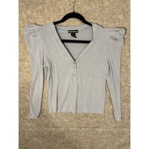 Blue Ribbed‎ Knit Long Sleeve V Neck Top Blouse Womens SMALL